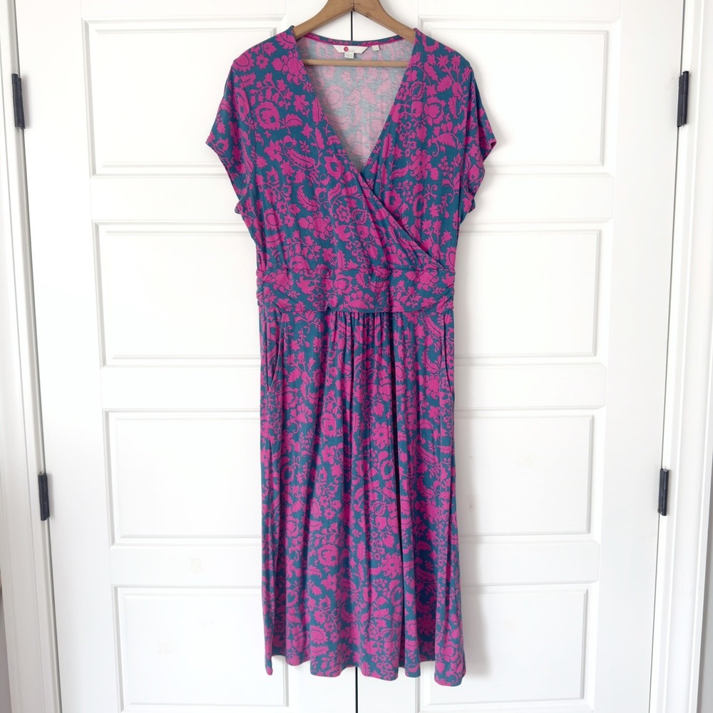 Boden Lola Faux Wrap Dress Womens US 12 LONG Pink Blue Floral Jersey Pockets
